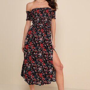 Lulus Meadow Black Blue Red Floral Print Off-the-Shoulder Dress Medium Midi